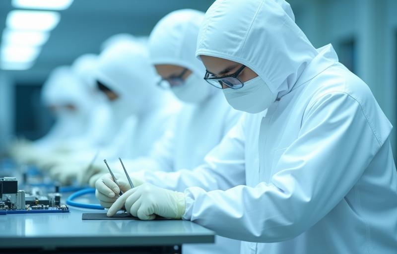 Engineers working in a cleanroom environment