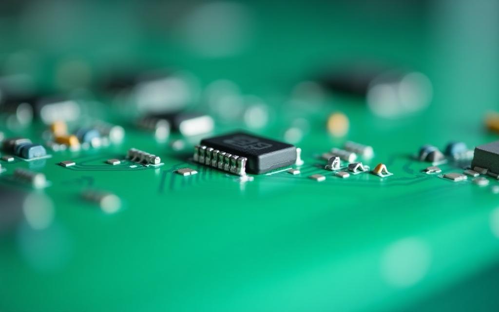 Close-up of electronic components on a circuit board during manufacturing