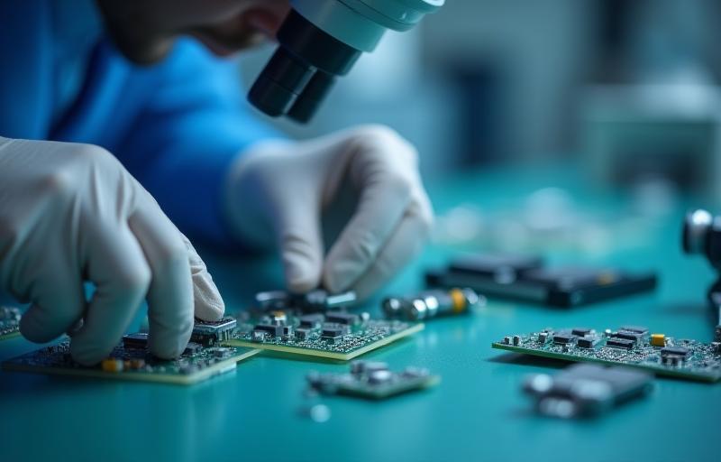 Technician performing quality control test on electronic components